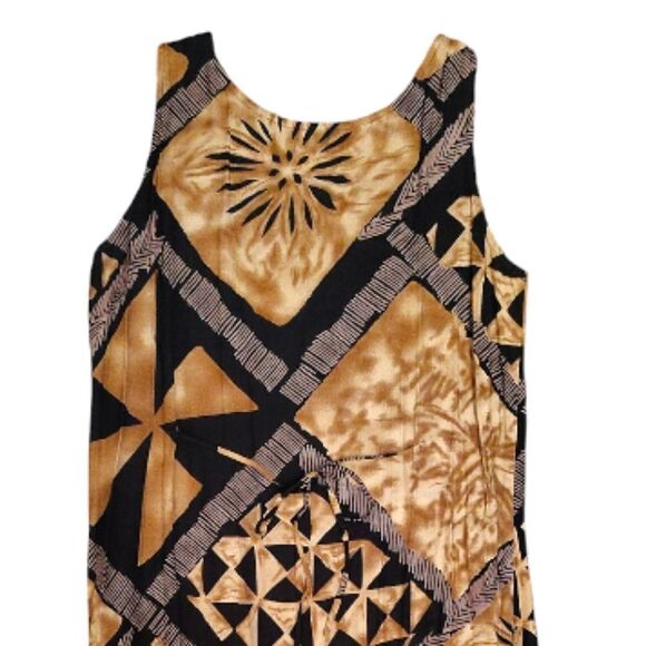 VTG 90s Brown Black Tribal Print Tie Back Midi Hawaiian Wiggle Dress Size LP - Picture 10 of 12